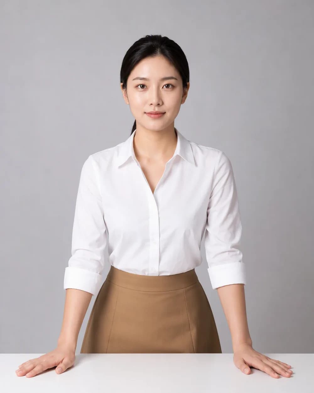 Female professional portrait in a rolled-sleeve white blouse and camel skirt with both hands on a table